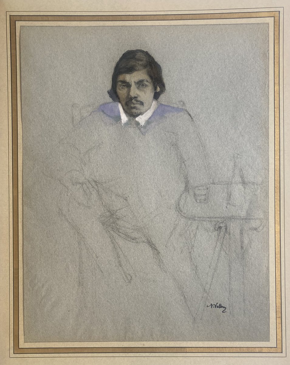 Vollon Antoine (1833-1900) "portrait Of A Man" Drawing/black Pencil And Watercolor, Signed-photo-2