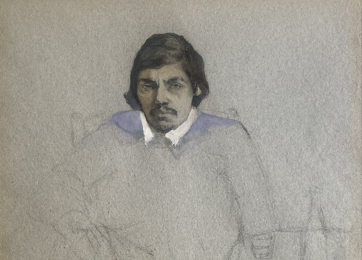 Vollon Antoine (1833-1900) "portrait Of A Man" Drawing/black Pencil And Watercolor, Signed-photo-3