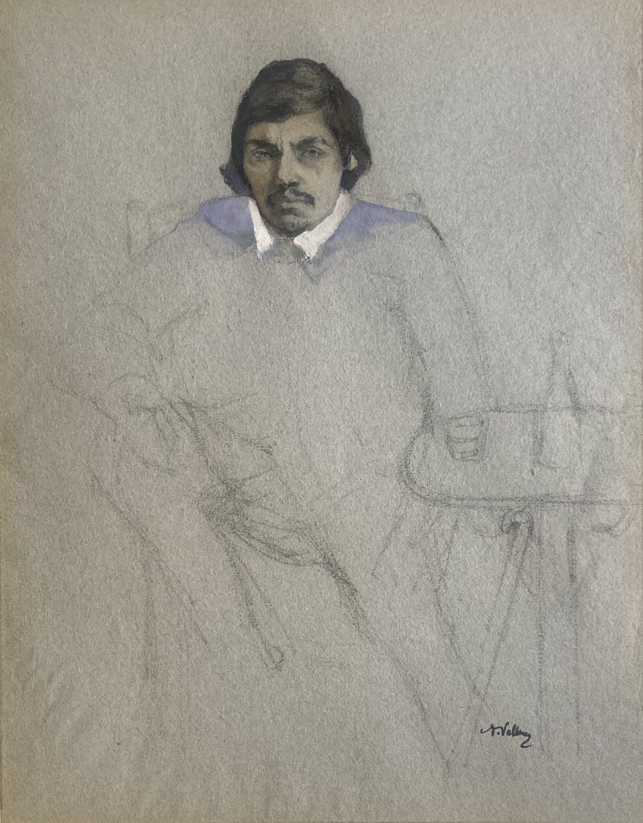 Vollon Antoine (1833-1900) "portrait Of A Man" Drawing/black Pencil And Watercolor, Signed