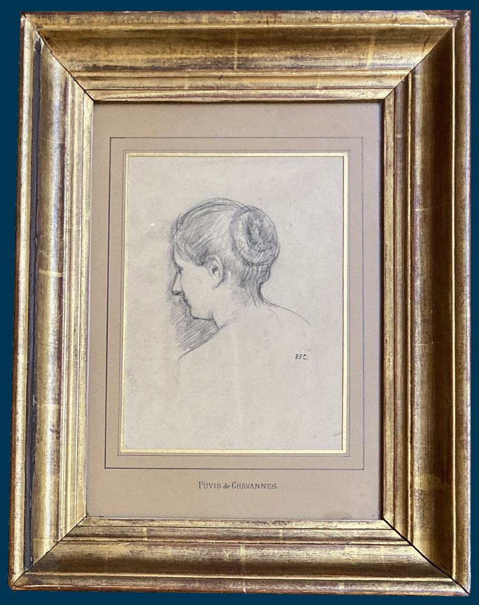 PUVIS DE CHAVANNES Pierre (1824-1898) "Tête de femme" Dessin/Crayon noir, Porte le cachet "PPC"