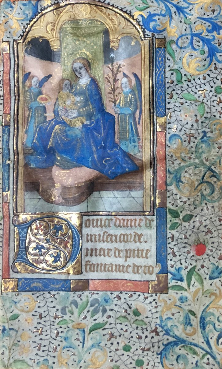French School Late 15th Century "virgin Mary" Gouache Illumination,gold Paint/vellum,frame 17th