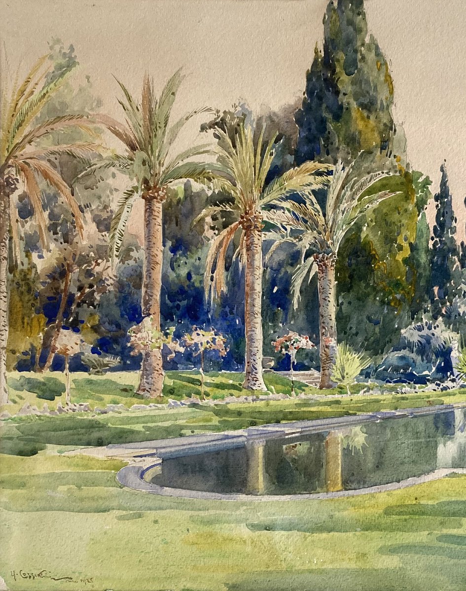 Ugo Cossetini (1881–1953) "garden Of The Villa Ephrussi De Rothschild" Watercolor, Signed,dated-photo-2