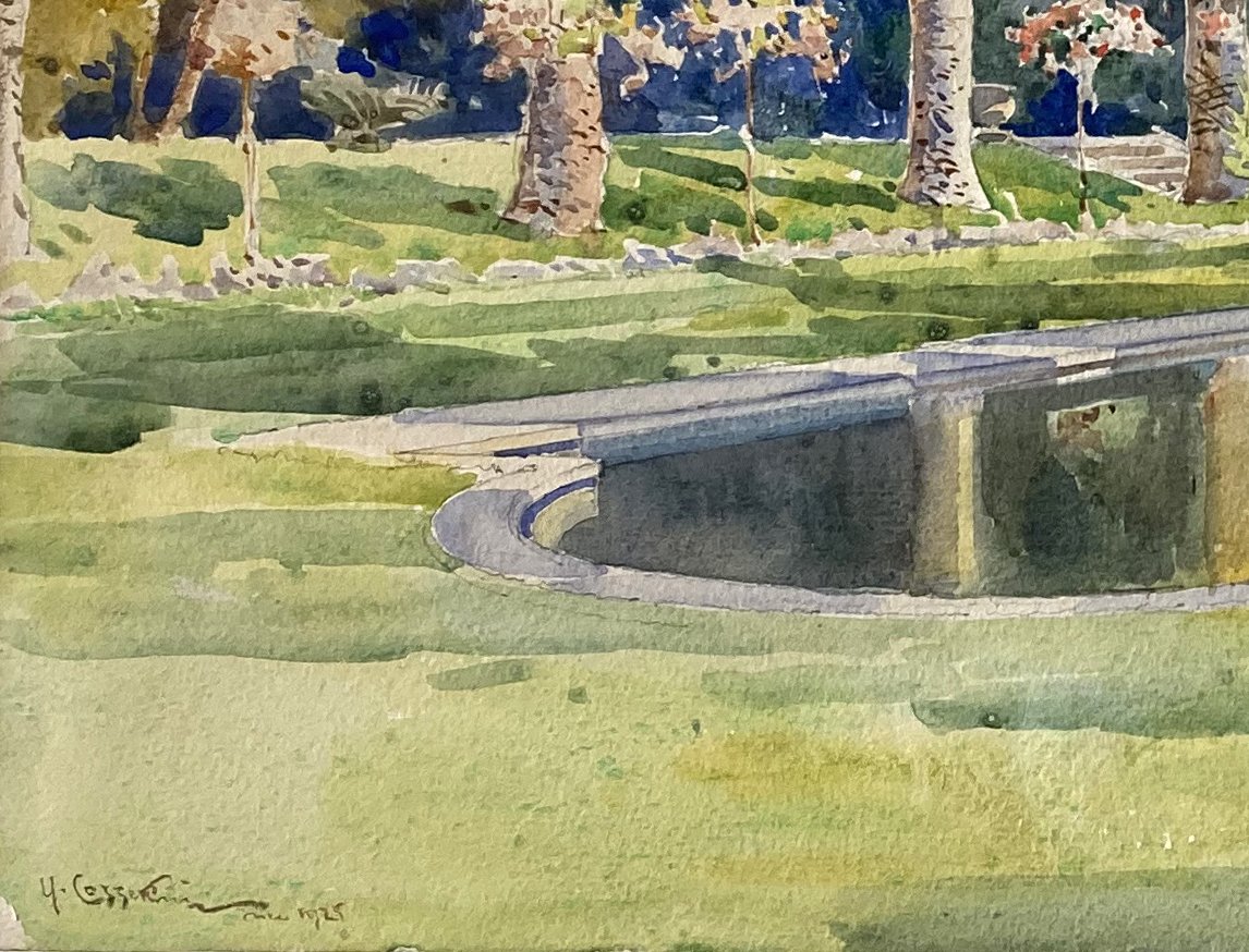 Ugo Cossetini (1881–1953) "garden Of The Villa Ephrussi De Rothschild" Watercolor, Signed,dated-photo-3