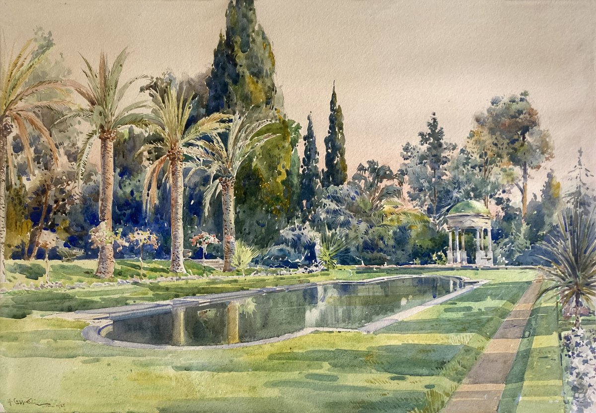 Ugo Cossetini (1881–1953) "garden Of The Villa Ephrussi De Rothschild" Watercolor, Signed,dated