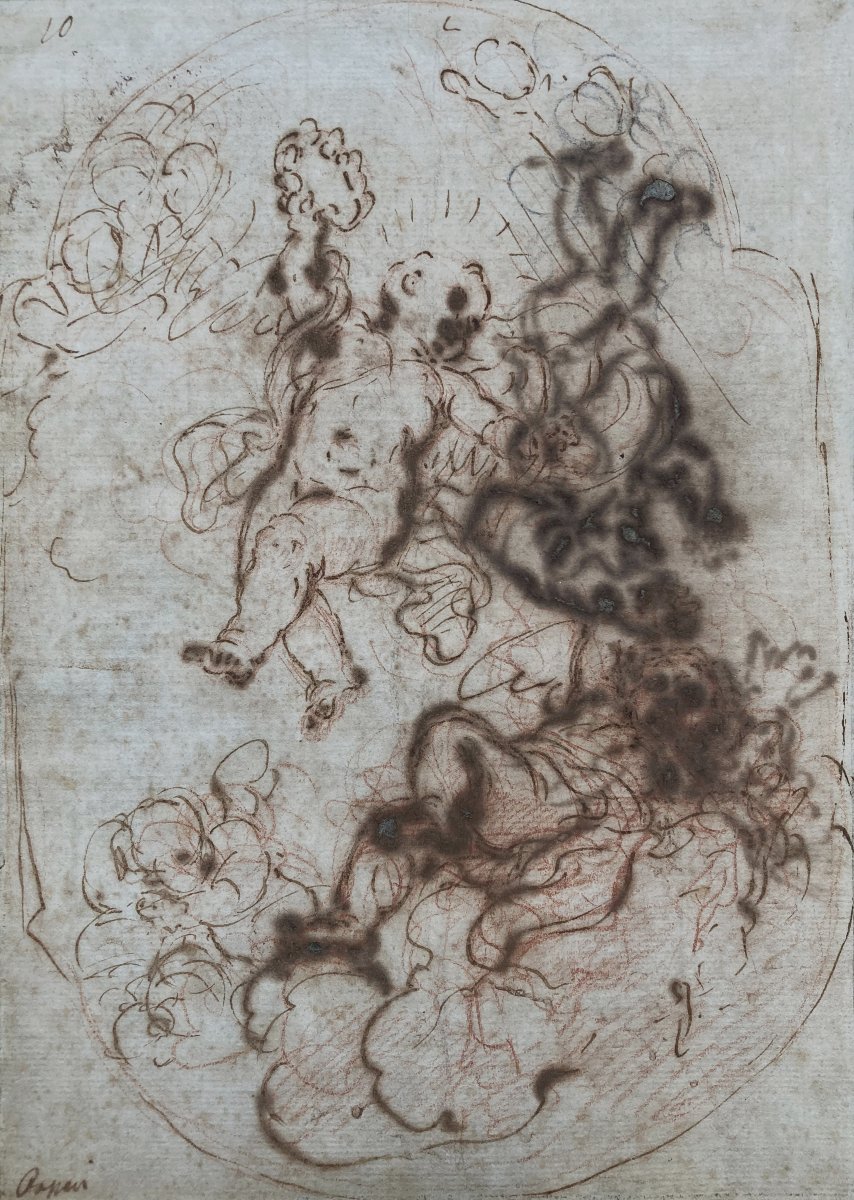 Passeri, Giuseppe (1654–1714) “cherubs” Drawing In Red Chalk, Pen, And Brown Wash; Signed-photo-2