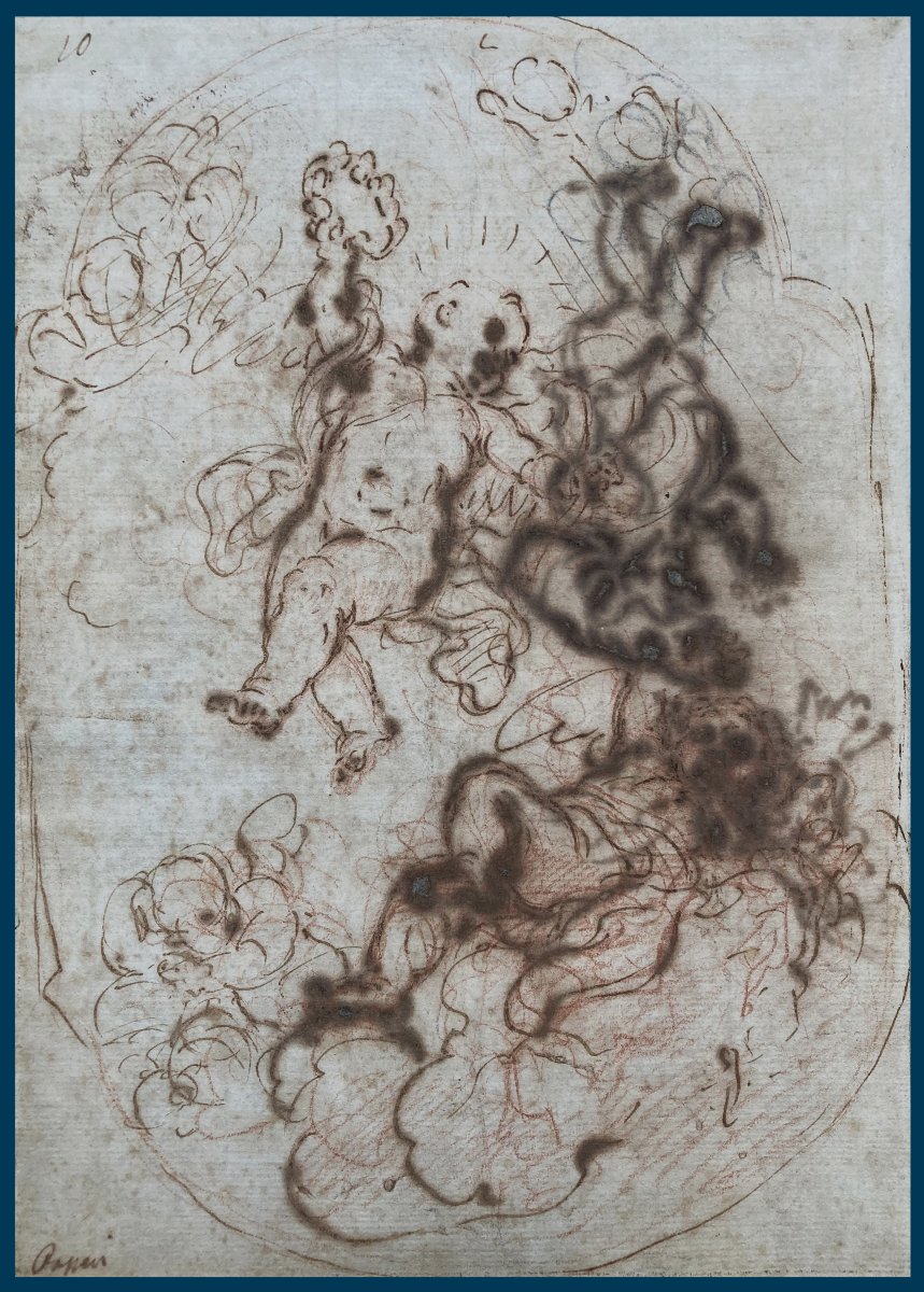 Passeri, Giuseppe (1654–1714) “cherubs” Drawing In Red Chalk, Pen, And Brown Wash; Signed