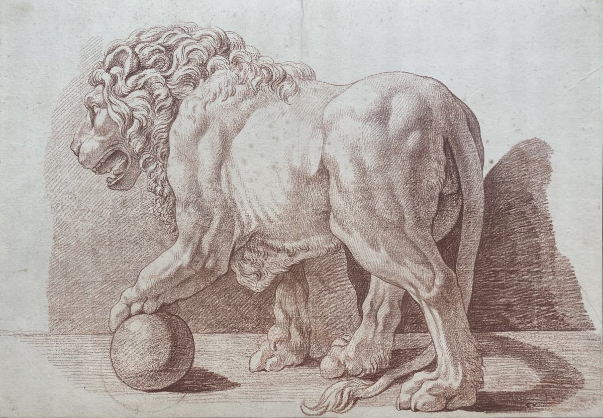ECOLE FRANCAISE 18E SIECLE "Le Lion de la Villa Médicis" Dessin au crayon sanguine-photo-2