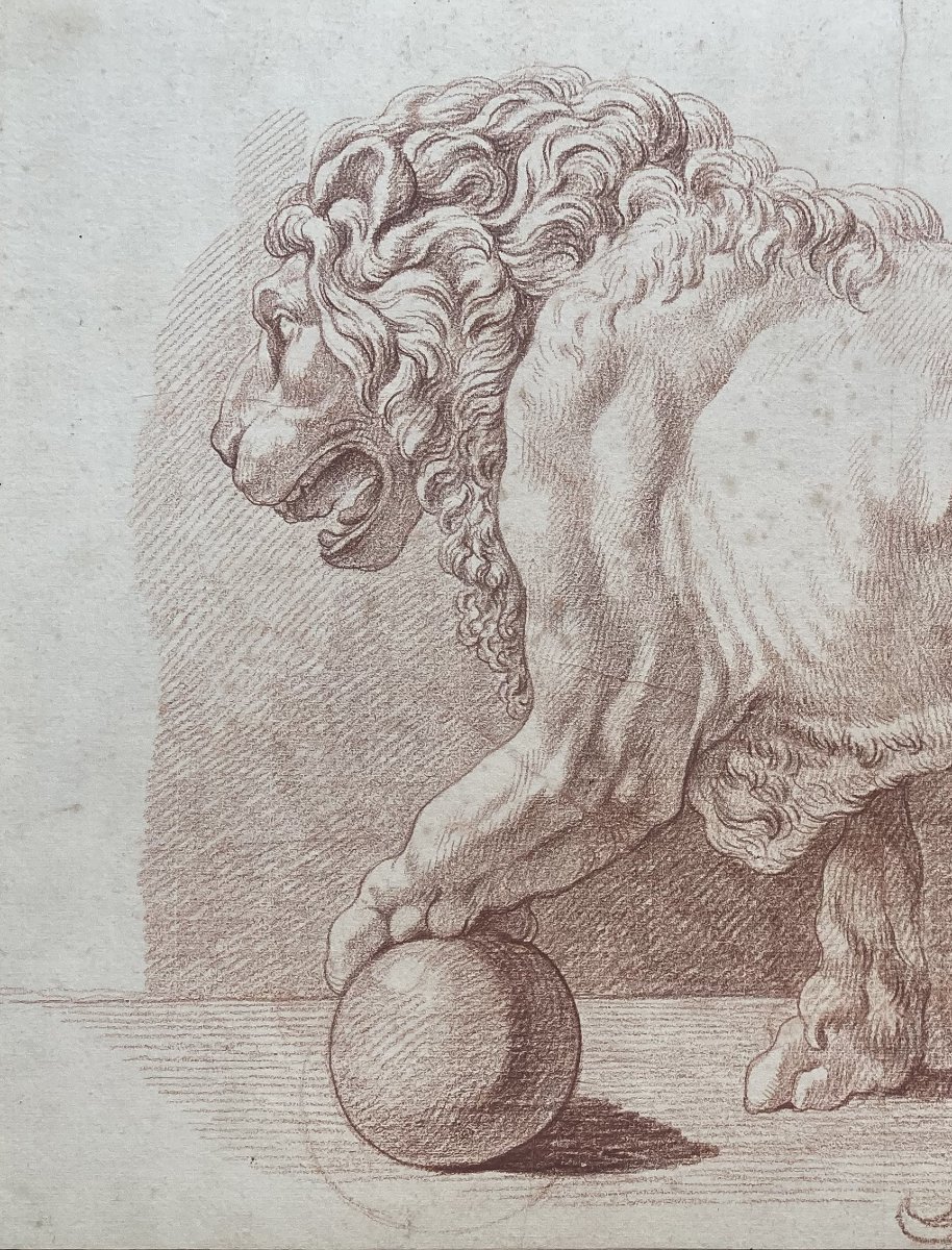 ECOLE FRANCAISE 18E SIECLE "Le Lion de la Villa Médicis" Dessin au crayon sanguine-photo-3
