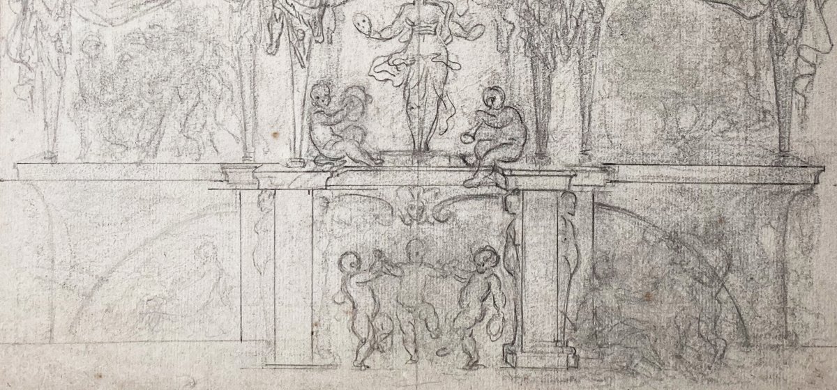 ECOLE FRANÇAISE FIN 17E SIECLE "Projet de décoration, d'architecture" Dessin à la pierre noire-photo-3