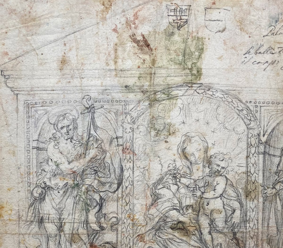 ECOLE ITALIENNE FIN DU 17E "Vierge à l'enfant et St Jean Baptiste" Dessin à la pierre noire-photo-2