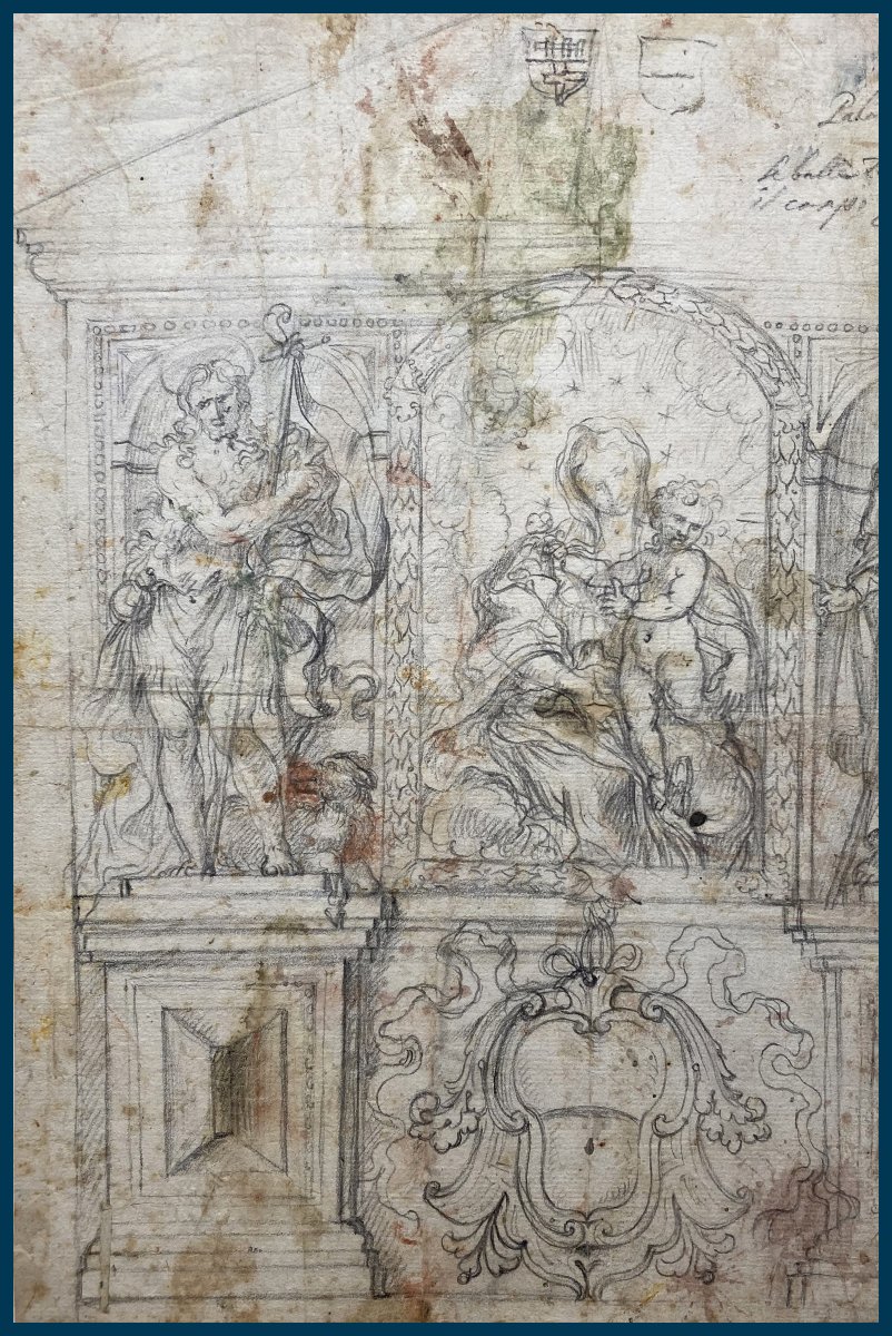 ECOLE ITALIENNE FIN DU 17E "Vierge à l'enfant et St Jean Baptiste" Dessin à la pierre noire