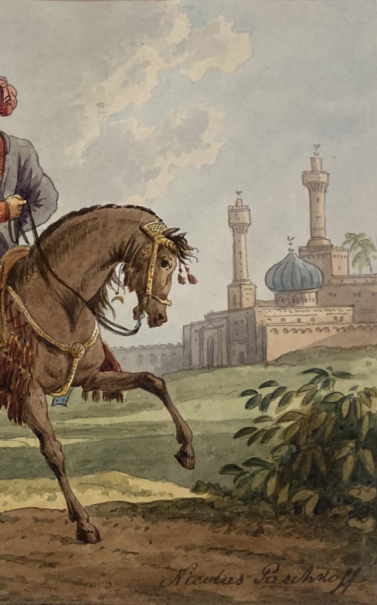 Paschkoff, Nicolas (c. 1830) "oriental Man On His Horse" Drawing/watercolor, Signed-photo-3