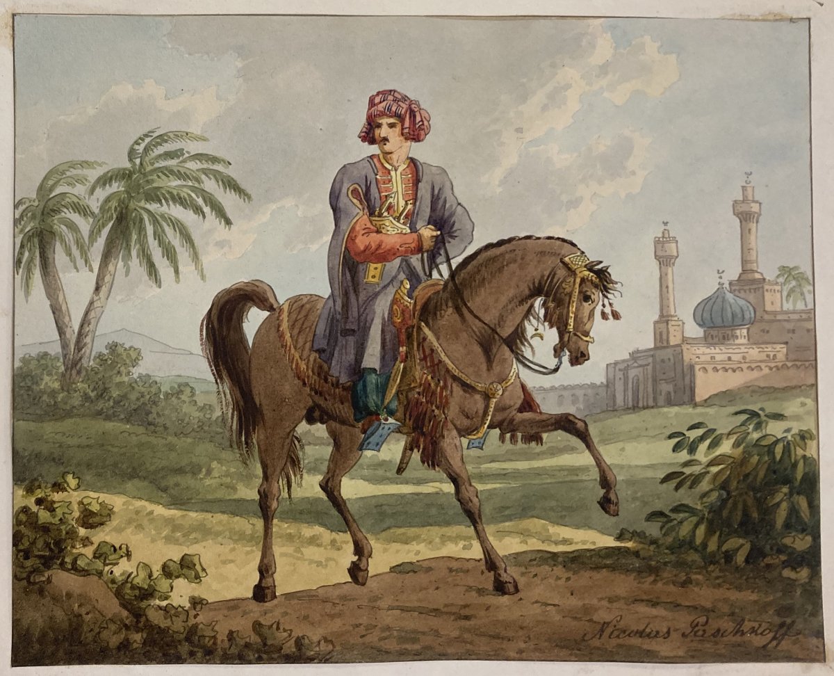 Paschkoff, Nicolas (c. 1830) "oriental Man On His Horse" Drawing/watercolor, Signed-photo-4