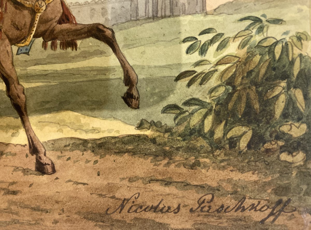 Paschkoff, Nicolas (c. 1830) "oriental Man On His Horse" Drawing/watercolor, Signed-photo-1