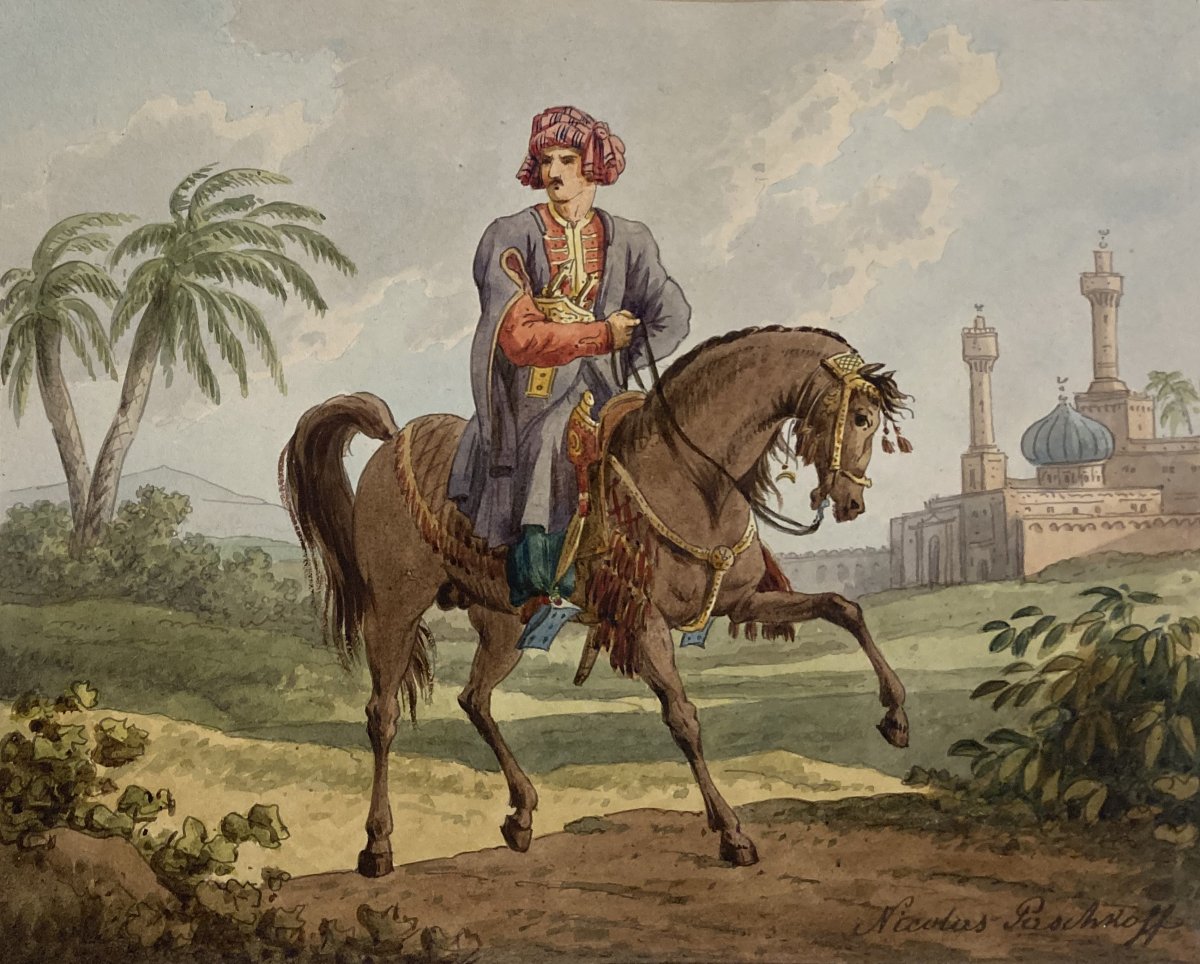 Paschkoff, Nicolas (c. 1830) "oriental Man On His Horse" Drawing/watercolor, Signed