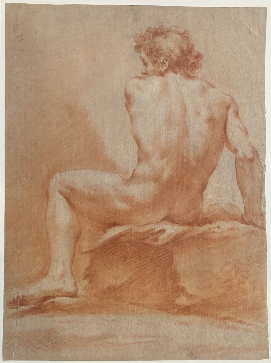 ECOLE ITALIENNE 18E SIECLE "Académie d'homme" Dessin au crayon sanguine sur papier préparé-photo-4