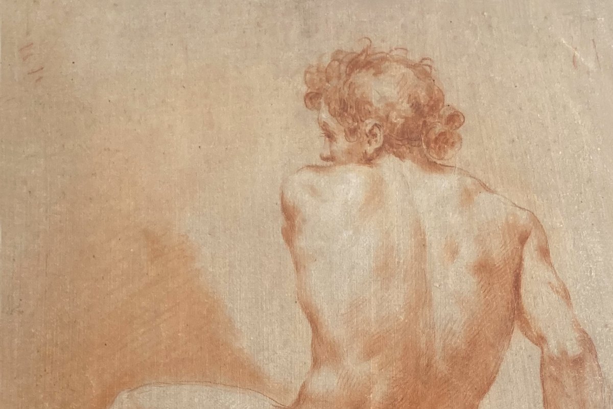 ECOLE ITALIENNE 18E SIECLE "Académie d'homme" Dessin au crayon sanguine sur papier préparé-photo-2