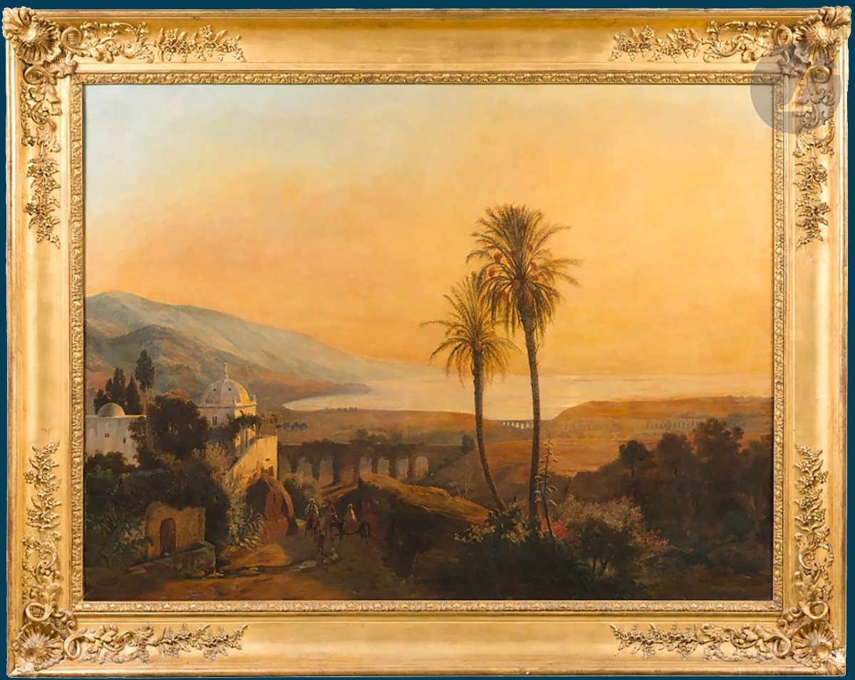 ECOLE FRANCAISE VERS 1830 "Paysage oriental, possiblement baie de Jounieh au Liban" Huile/toile