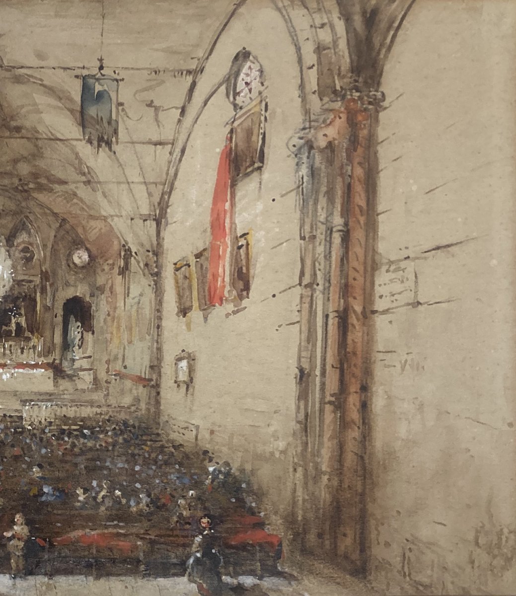ECOLE FRANCAISE VERS 1830 "Intérieur d'une église"Dessin/Lavis brun et aquarelle, annoté au dos-photo-2