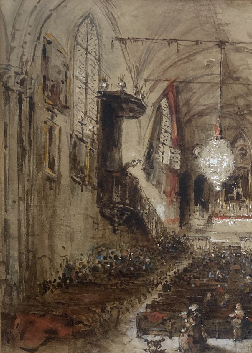 ECOLE FRANCAISE VERS 1830 "Intérieur d'une église"Dessin/Lavis brun et aquarelle, annoté au dos-photo-3