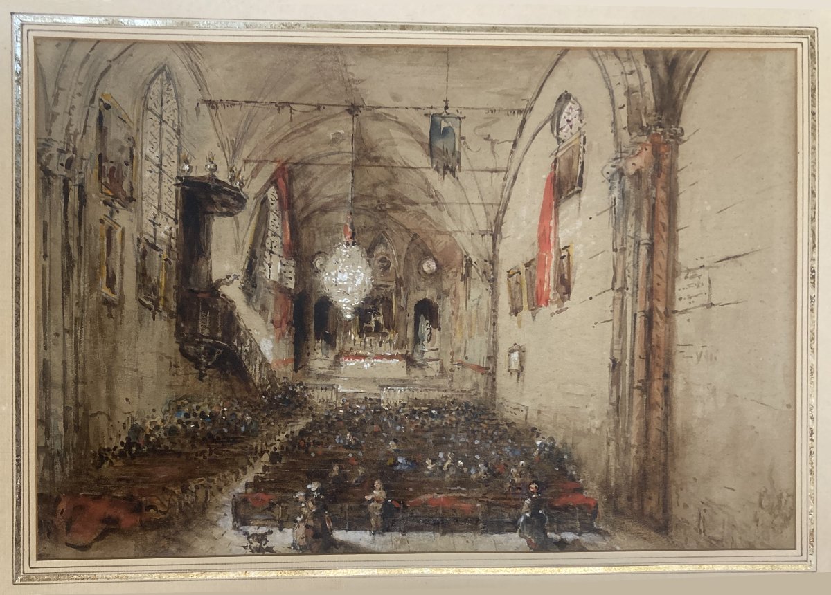 ECOLE FRANCAISE VERS 1830 "Intérieur d'une église"Dessin/Lavis brun et aquarelle, annoté au dos