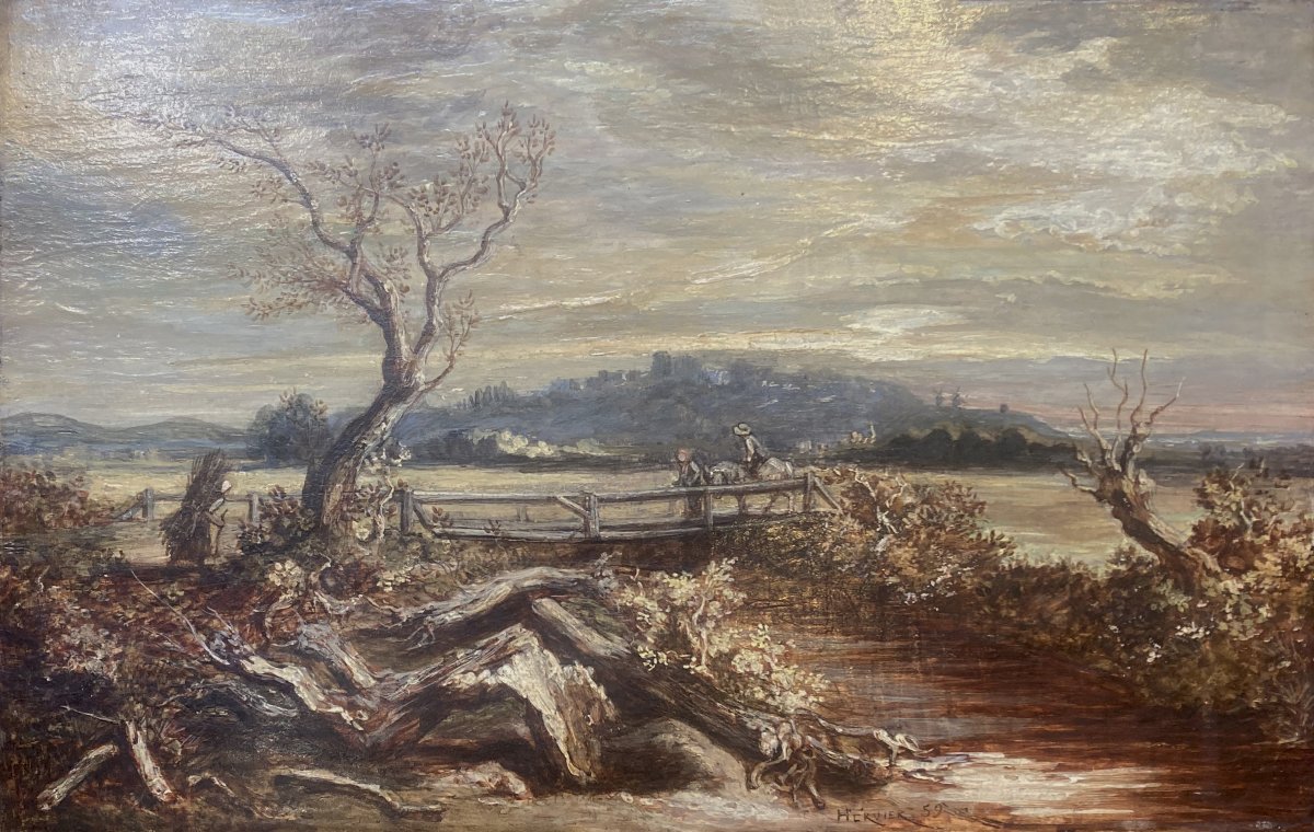 HERVIER Adolphe (1818-1879) "Paysage animé" Huile sur toile, signé et daté