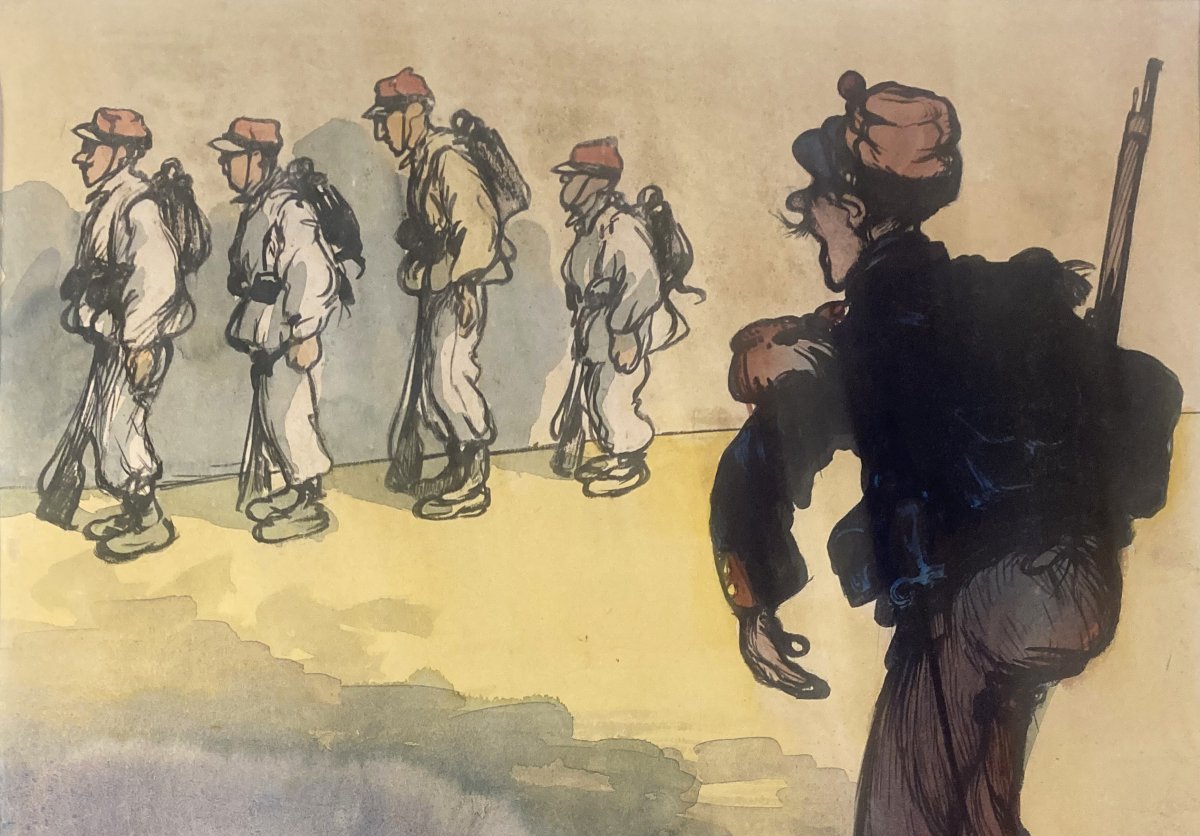 POULBOT Francisque (1879-1946) "Militaires" Dessin à l'aquarelle et encre de Chine, Signé-photo-2