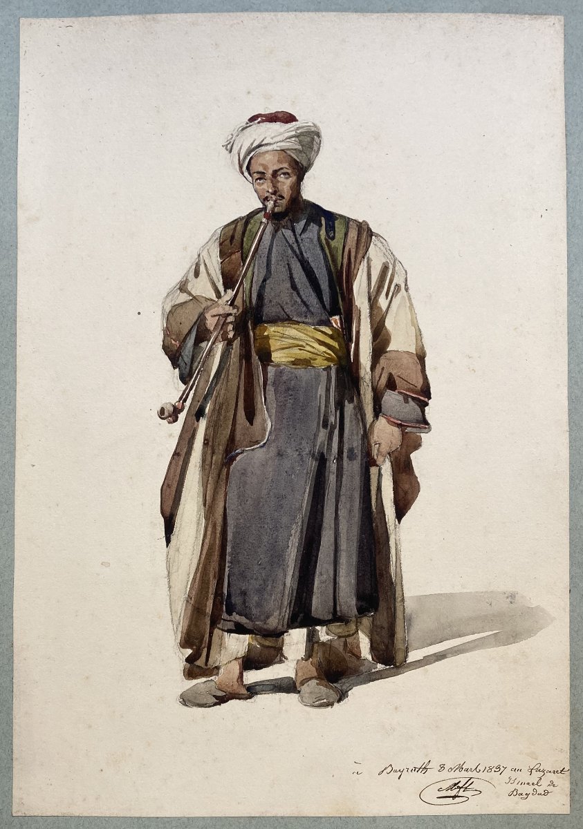 MONTFORT Antoine Philippe (1802-1884)"Portrait Ismael de Bagdad Fait à Beyrouth"Aquarelle,Signé-photo-4