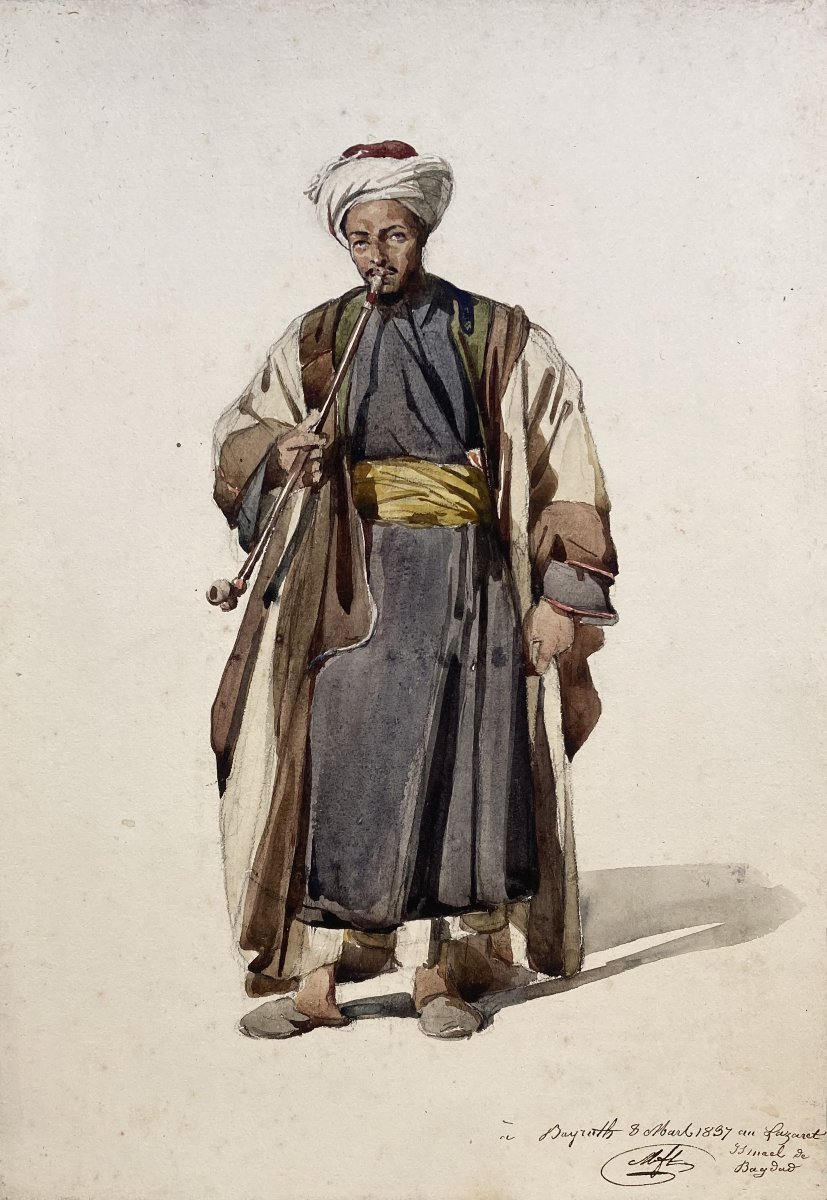 MONTFORT Antoine Philippe (1802-1884)"Portrait Ismael de Bagdad Fait à Beyrouth"Aquarelle,Signé
