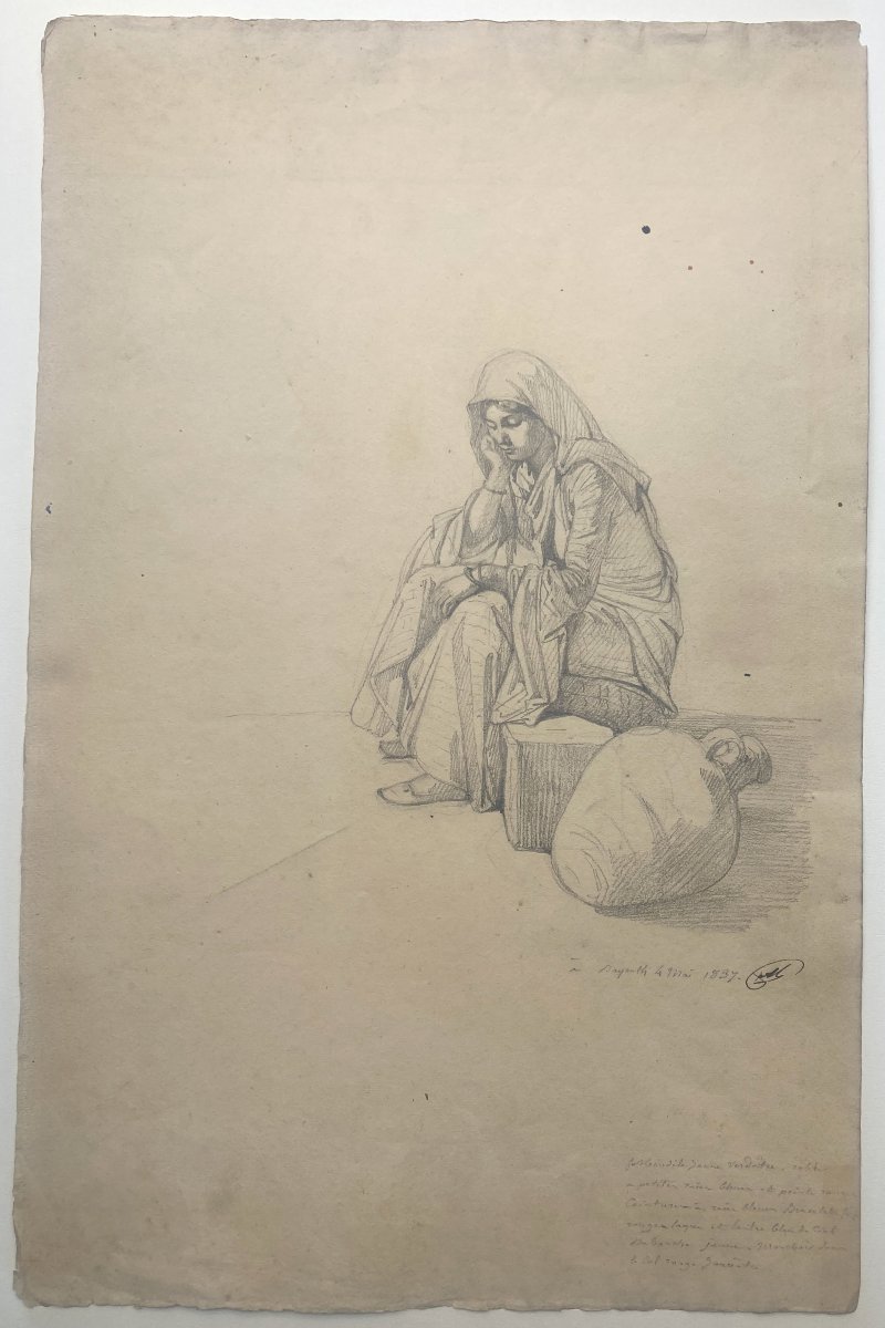 MONTFORT Antoine Philippe (1802-1884) "Femme assise à Beyrouth" Dessin/Crayon noir,Signé, situé-photo-1
