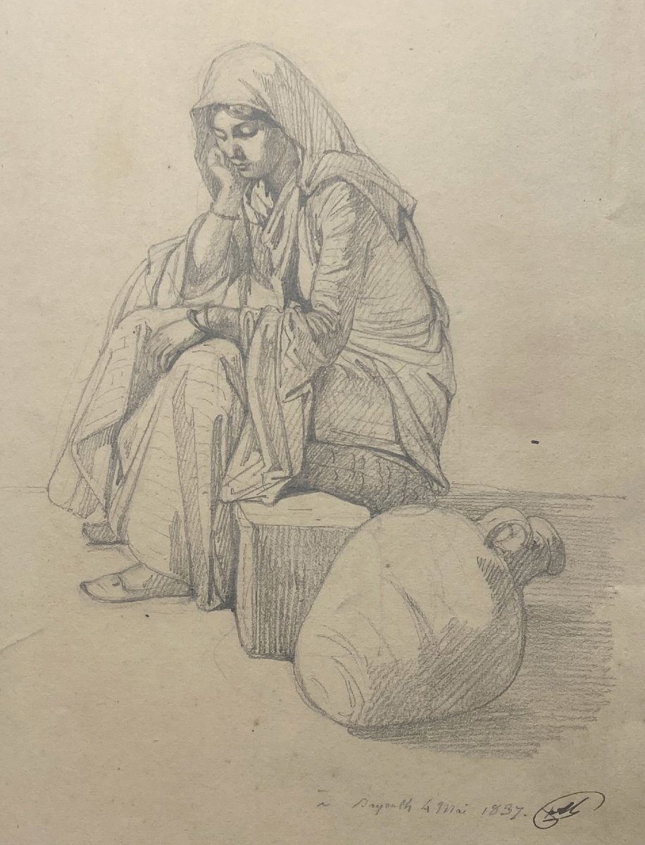 MONTFORT Antoine Philippe (1802-1884) "Femme assise à Beyrouth" Dessin/Crayon noir,Signé, situé