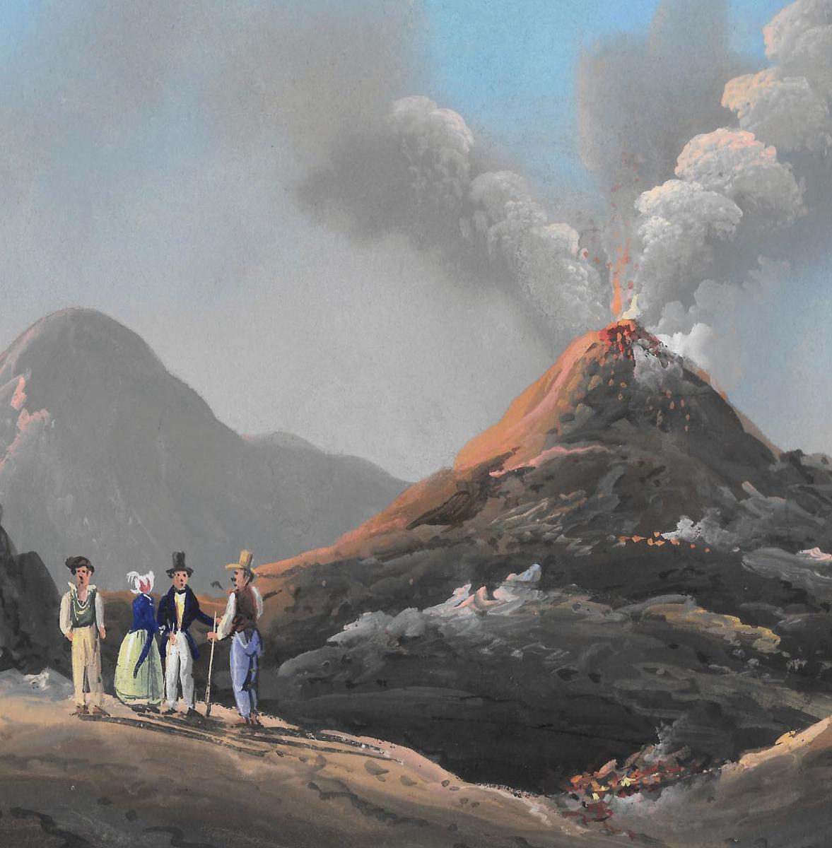 "four Characters In Front Of A Volcano" Gouache Napolitan 19th Century, Italian School-photo-4