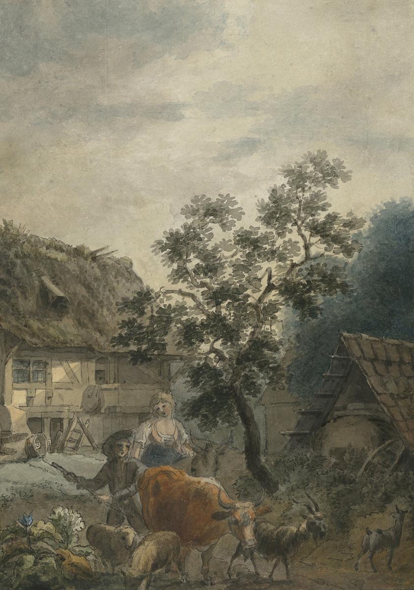 "peasants In Front Of A Cottage" Watercolor & Pen, George Morland, Attribut. To, English School-photo-3