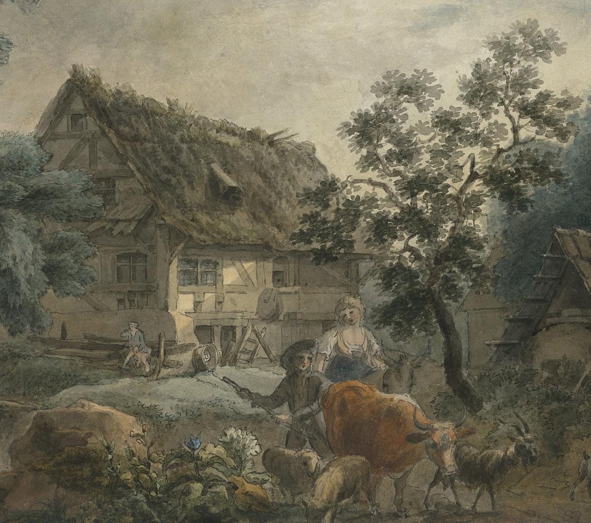 "peasants In Front Of A Cottage" Watercolor & Pen, George Morland, Attribut. To, English School-photo-4