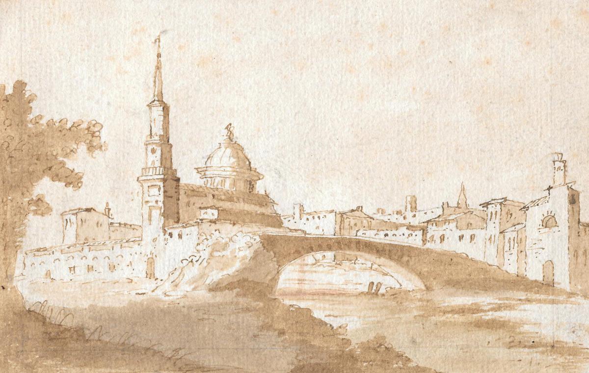 "Ville avec un pont" Plume et lavis brun, Ecole italienne, Venise, 18e siècle