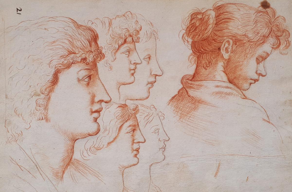 "Visages de femmes" Dessin au crayon sanguine, Ecole Italienne, Fin 17e/Début 18e siècle