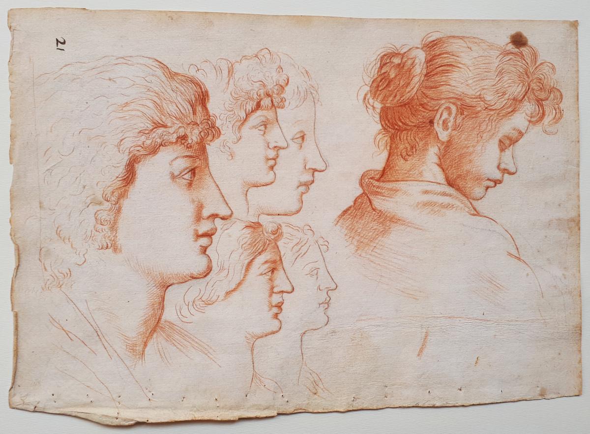 "faces Of Women" Drawing With Red Chalk, Italian School, Late 17th / Early 18th Century-photo-4