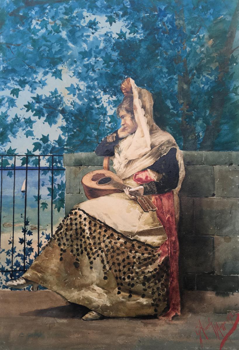 "Femme à la mandoline" Giuseppe AURELI, Ecole Italienne, aquarelle