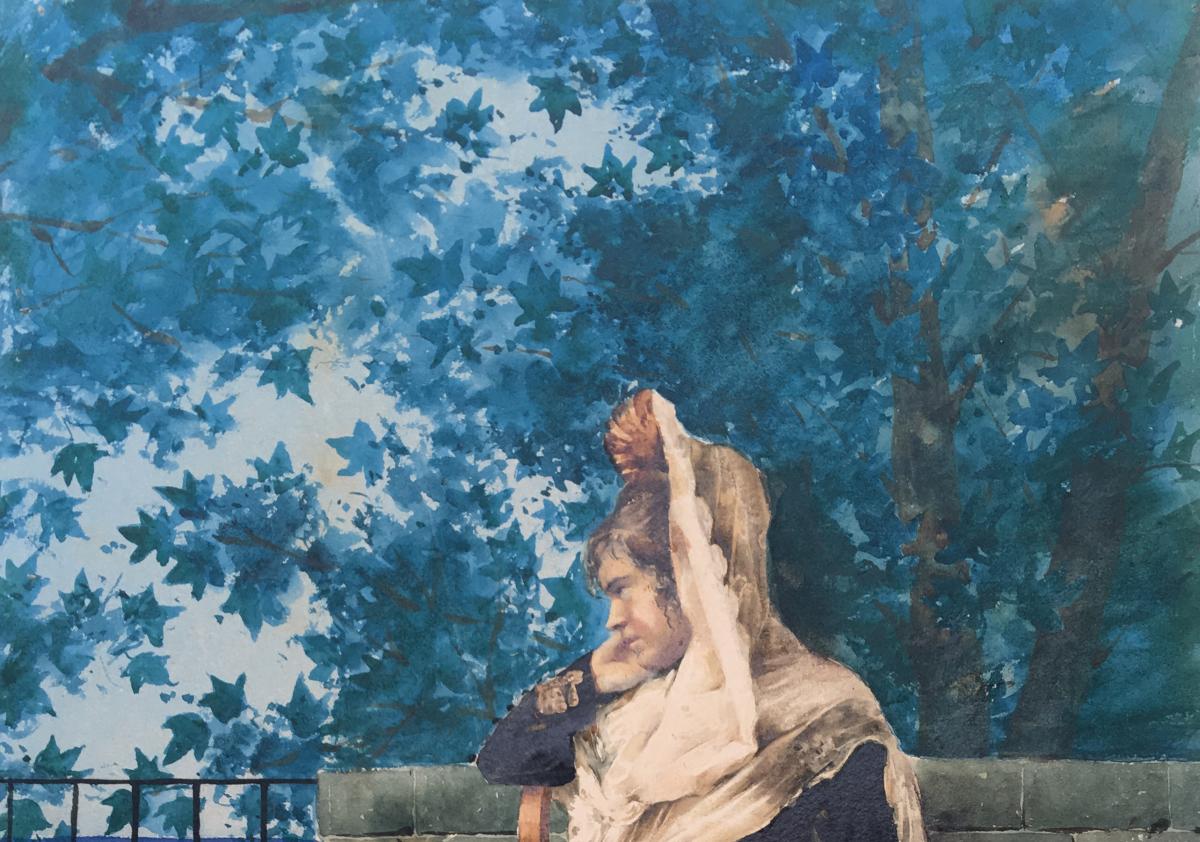"Femme à la mandoline" Giuseppe AURELI, Ecole Italienne, aquarelle-photo-2