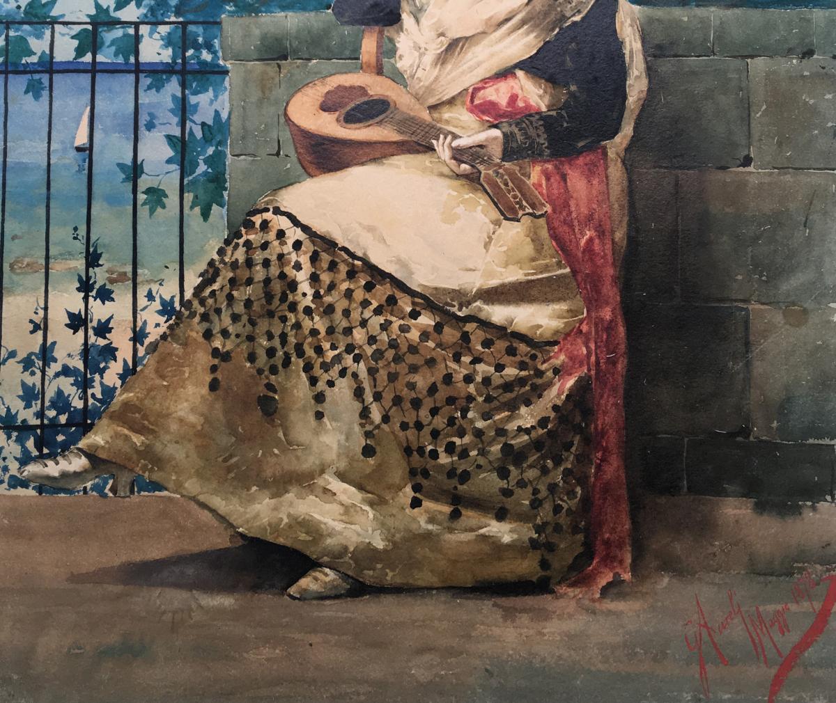 "Femme à la mandoline" Giuseppe AURELI, Ecole Italienne, aquarelle-photo-3