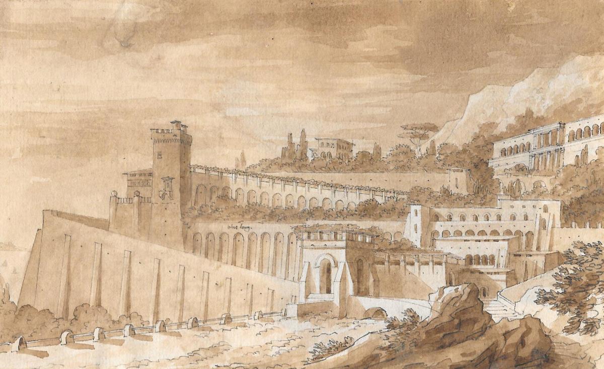 "Paysage à l'architecture" THIBAULT Jean Thomas, Dessin à la plume et lavis brun