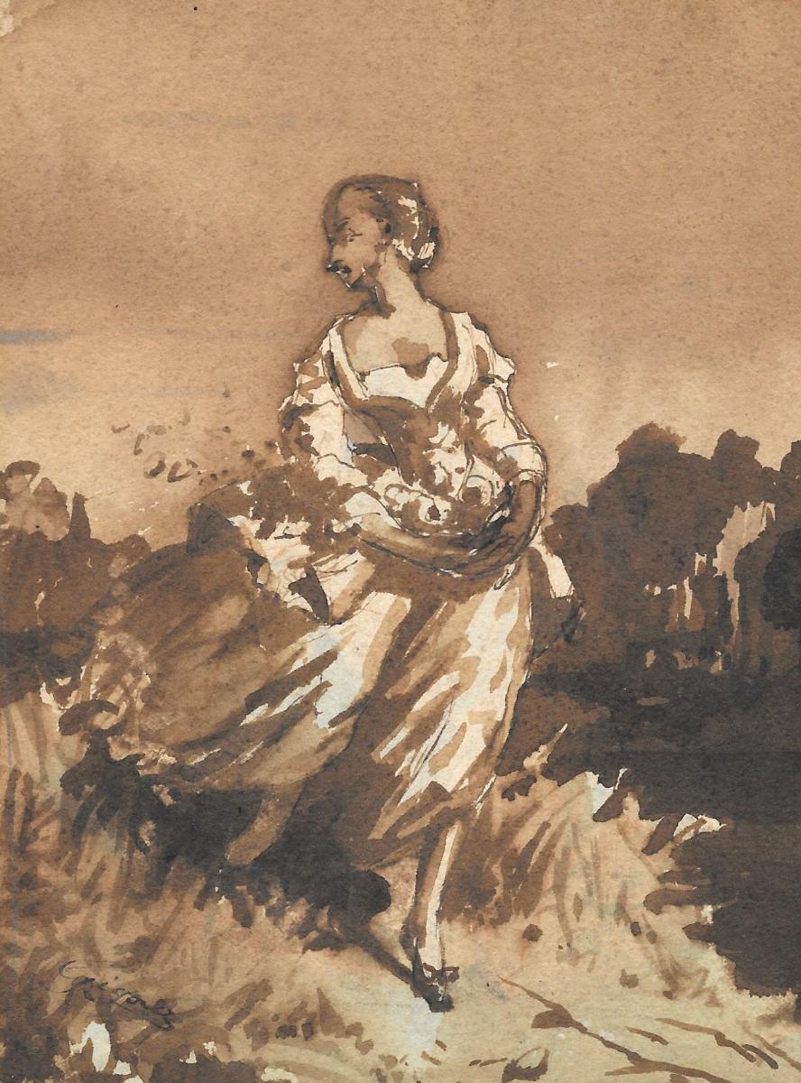 "Femme dansant" GIGOUX Jean, Dessin à la plume et lavis brun