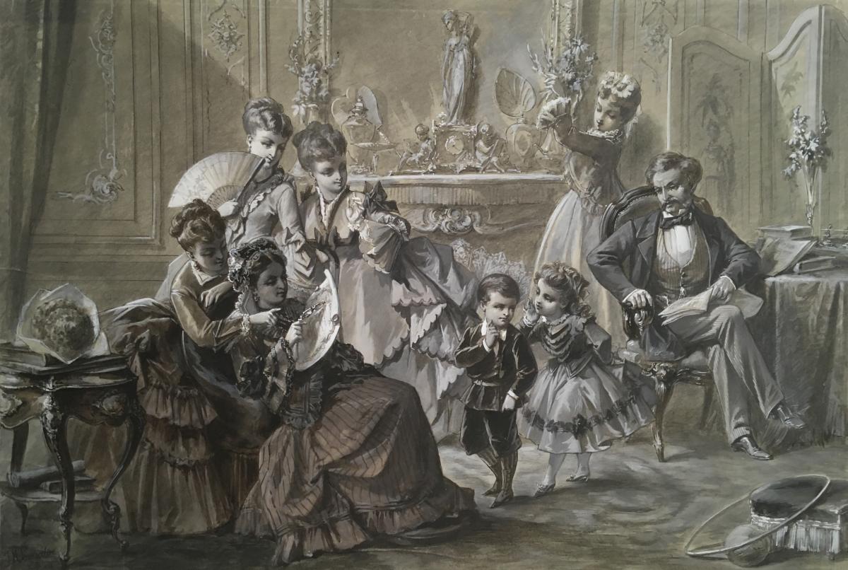 "La Famille" Hippolyte LECOULTRE, Dessin lavis d'encre et gouache blanche