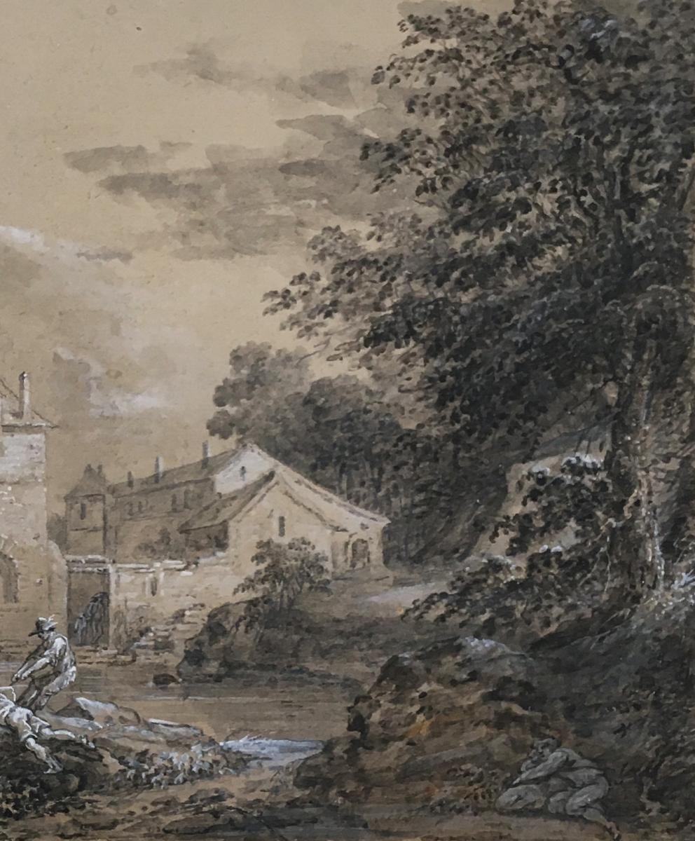 "landscape And Fishermen" Paul Gregoire, Drawing Late 18th Century, Lavis Gray-photo-3