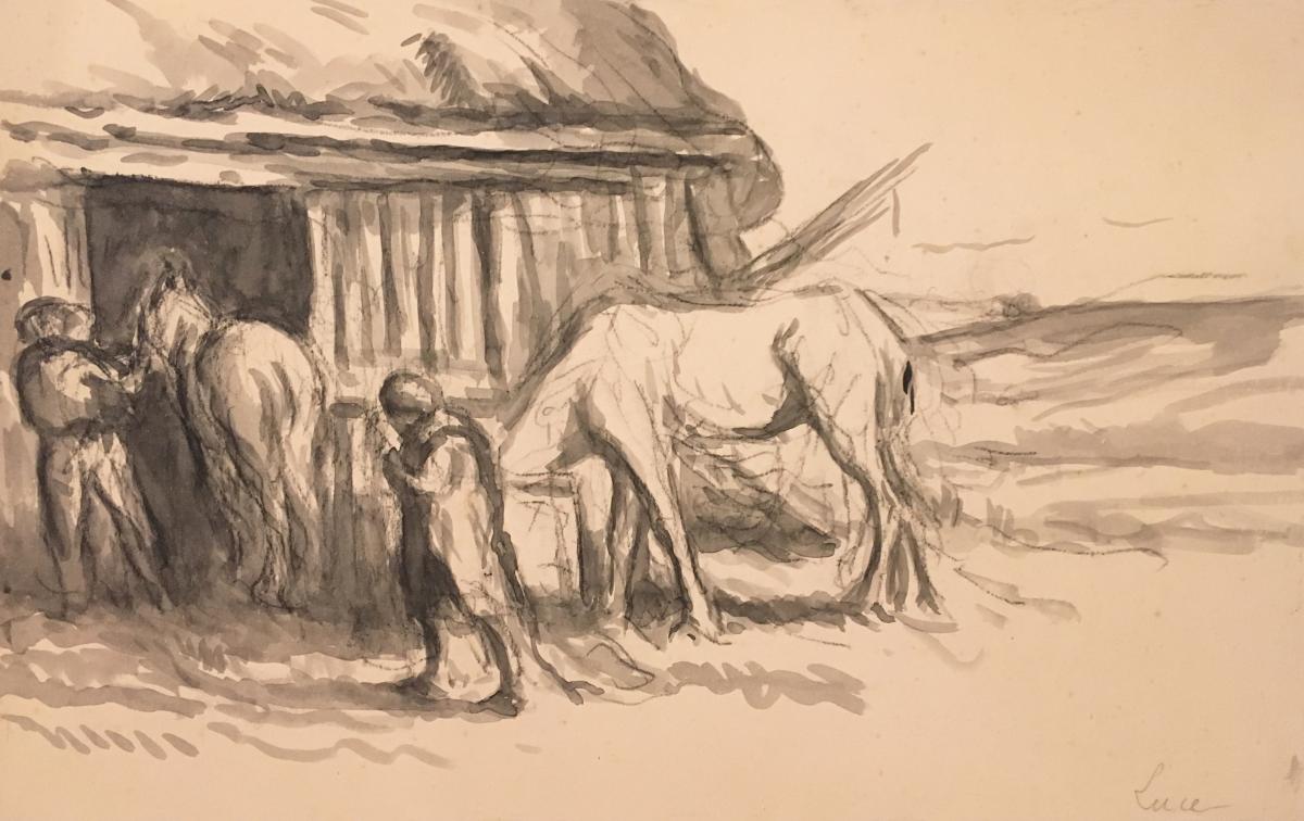 Luce Maximilien "horses And Characters" Drawing, Grey Watercolor