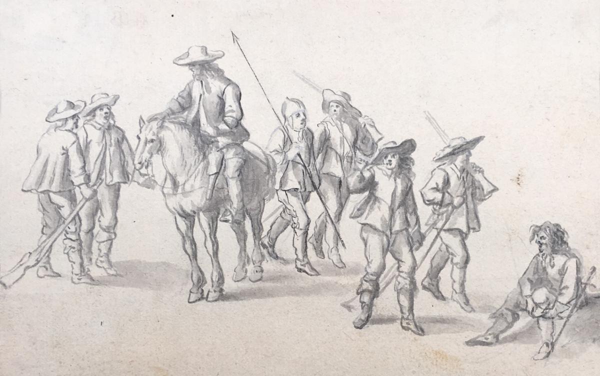 North School Late 17th "cavalier And Military" Drawing In Gray Wash