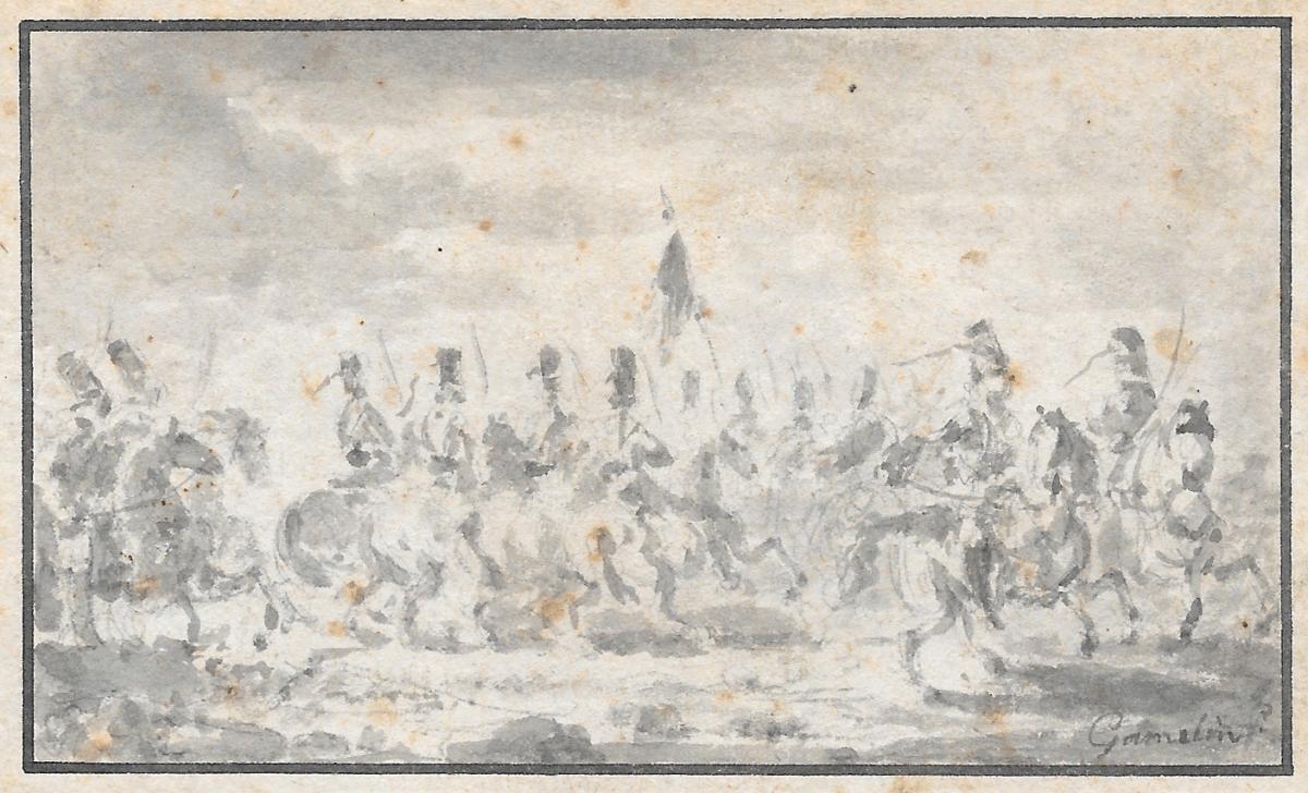 Gamelin Jacques "cavalry Scene" Drawing, Gray Wash, Signed