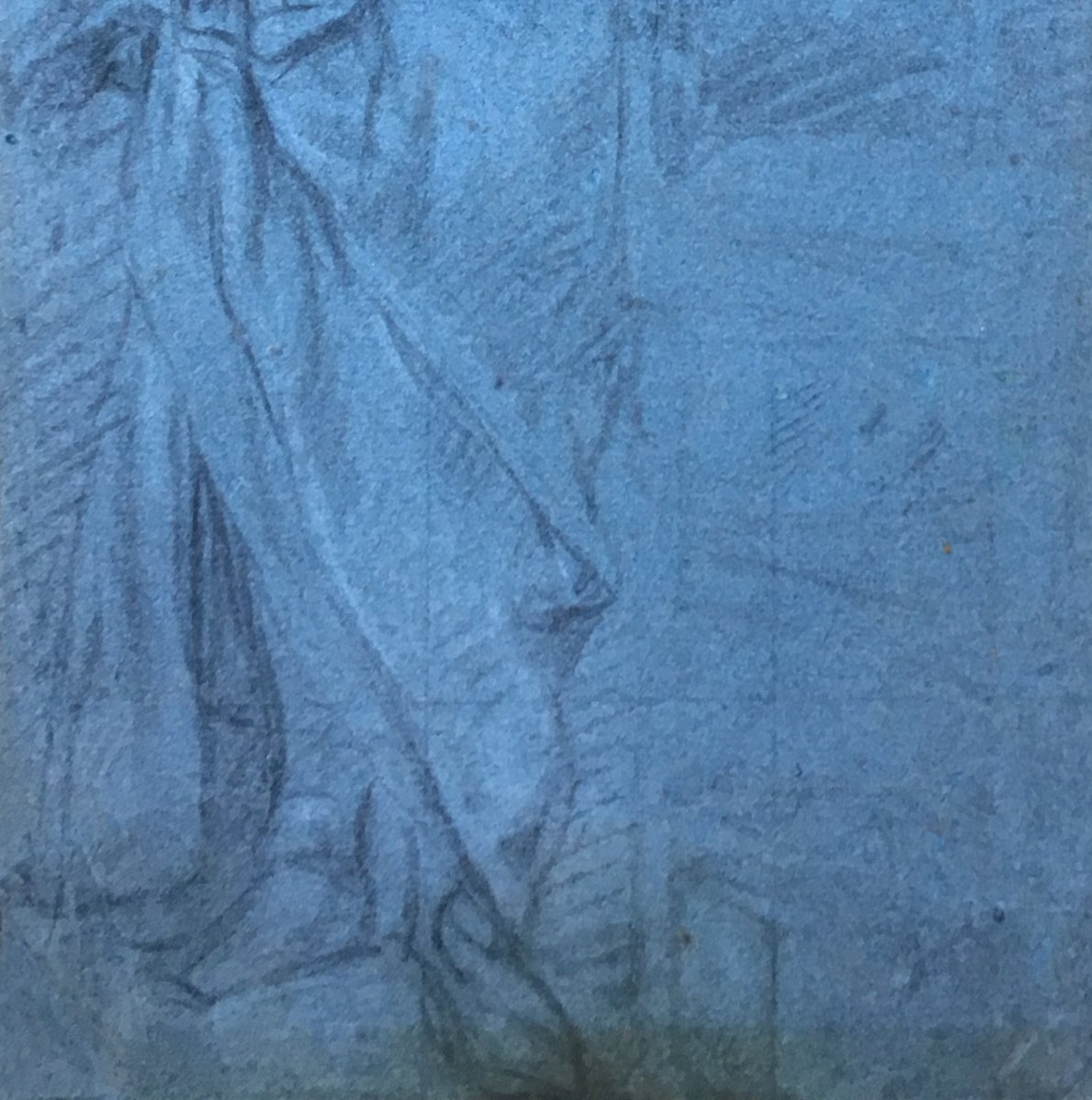 French School Early 18th "draped Character" Drawing, Black Chalk And White Chalk / Blue Paper-photo-3