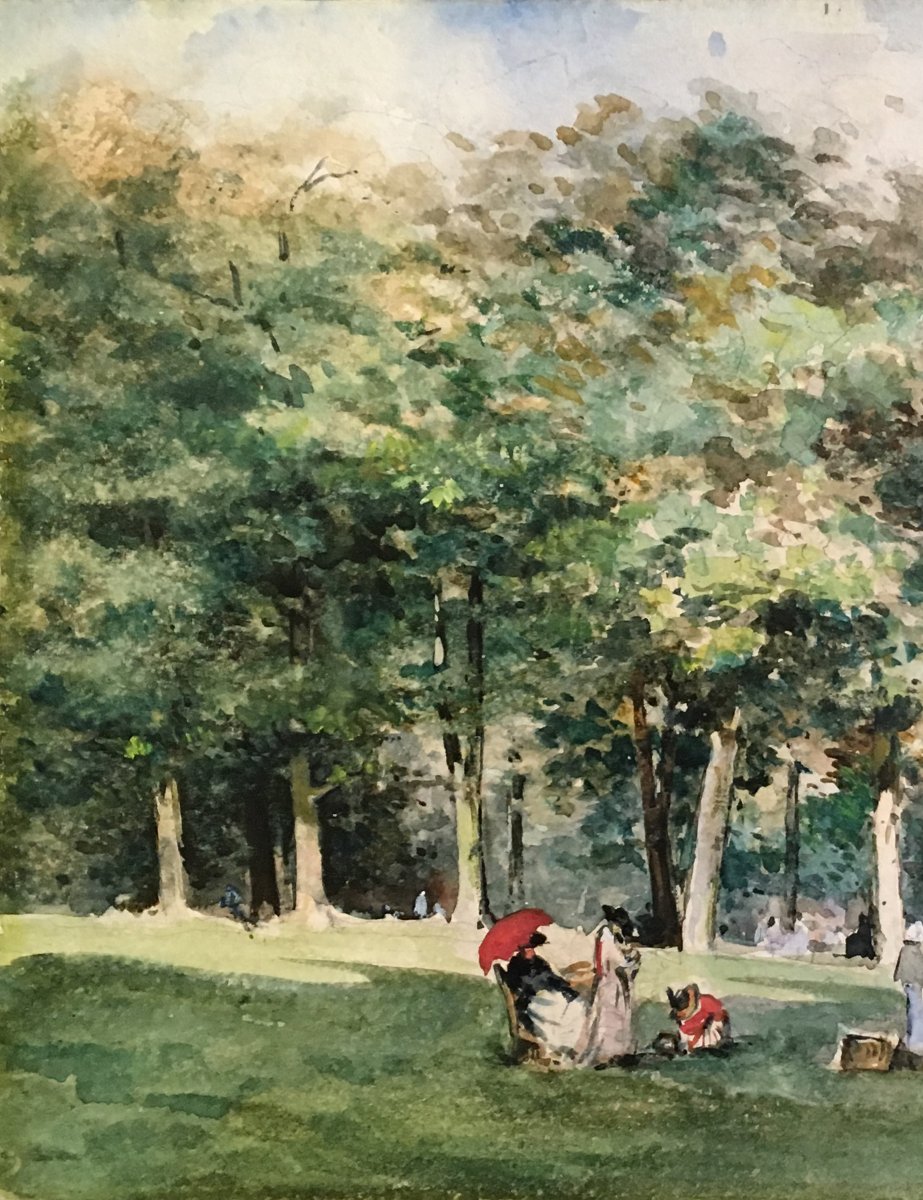 Mornard Louise Valentine De, "park Scene" Drawing, Black Pencil And Watercolor, Signed-photo-2