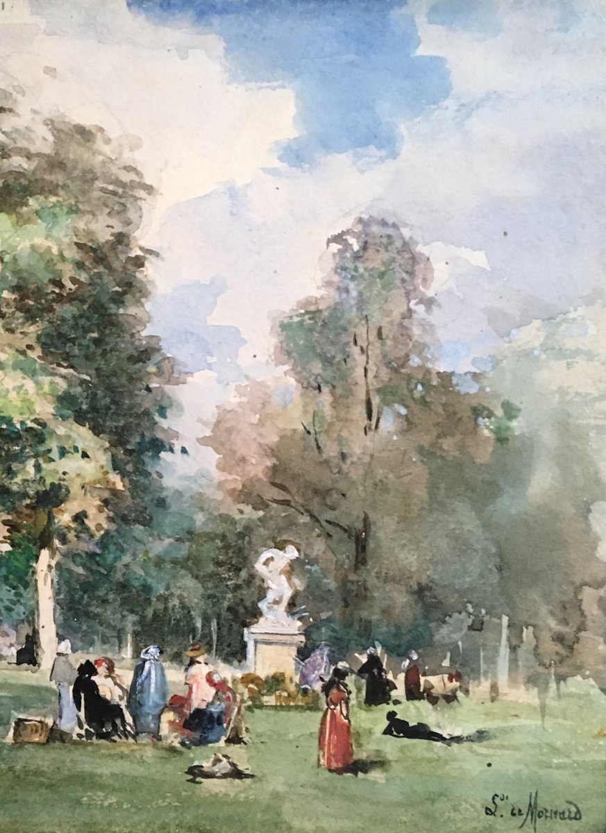 Mornard Louise Valentine De, "park Scene" Drawing, Black Pencil And Watercolor, Signed-photo-3